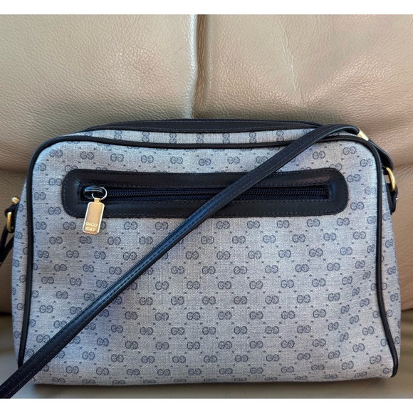 Gucci Handbags - Auth Vintage Gucci Blue Micro GG Monogram Canvas Black Leather Crossbody Bag